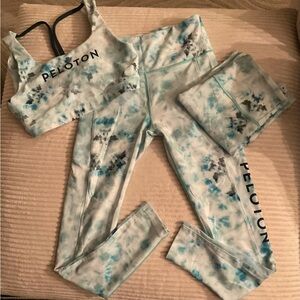 Peloton Aqua Gray White Water Color Like Set Leggings Shorts Sports Bra S/M